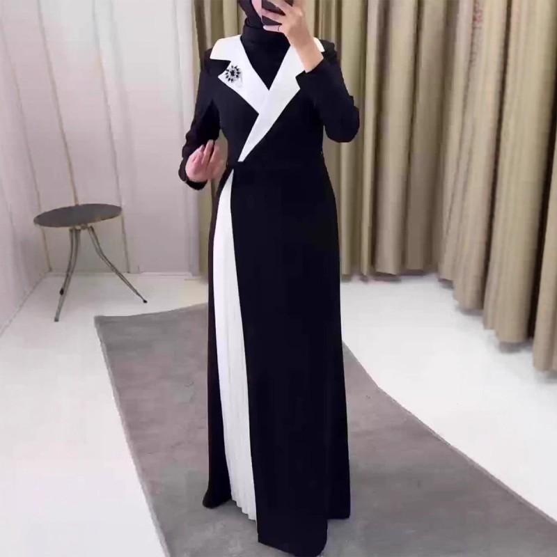 Winter Womens Fashion Color Block Pleated Long Dress A Line High Waist