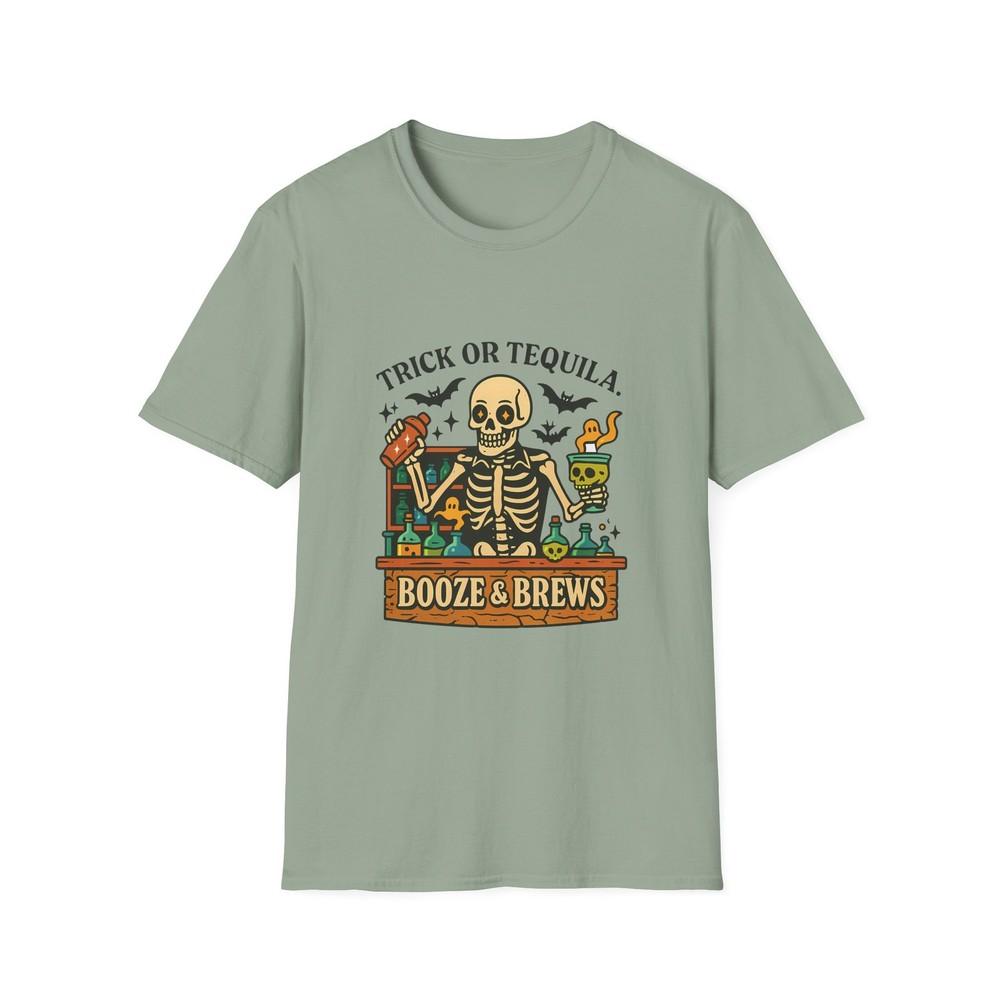 Unisex Softstyle T-Shirt | Trick or Tequila Skeleton | Funny Halloween Bartender