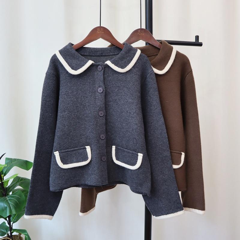 Осень и зима новый ретро контрастных цветов гонконгский стиль вязаный кардиган мягкий восковой дизайн темперамент свободный свитер куртка женская