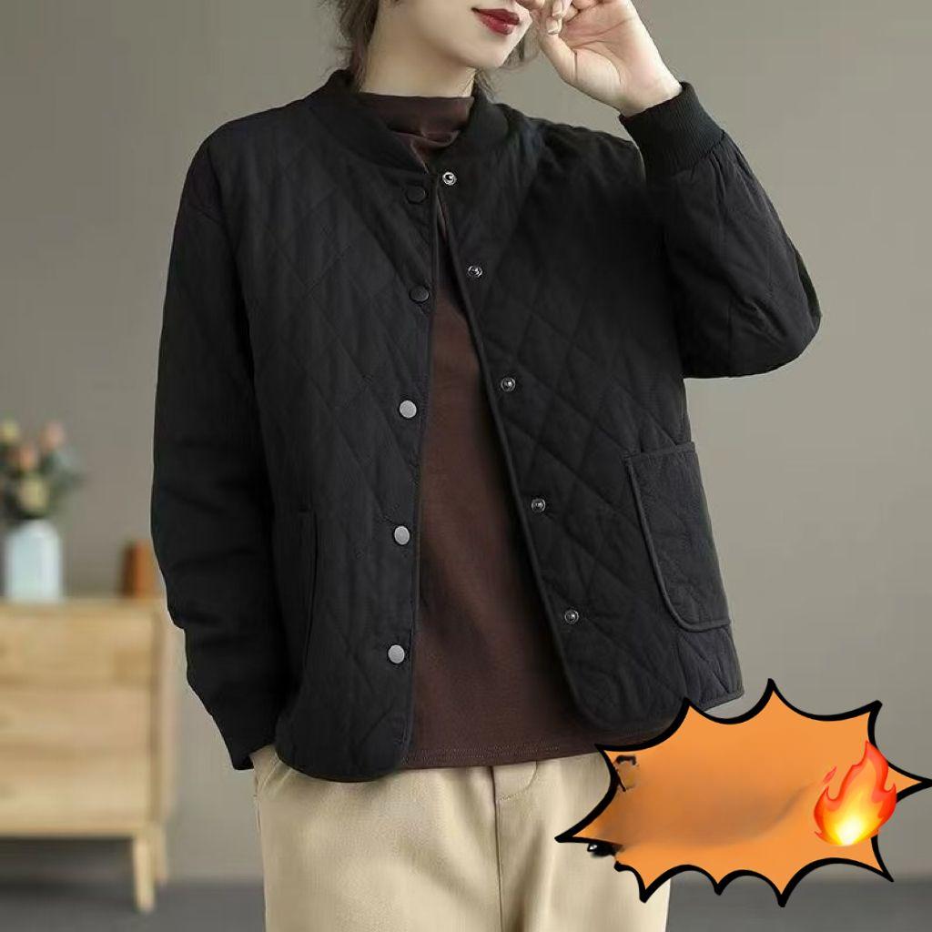 High-End Short Loose Long Sleeve Light Quilted Cotton Jacket Winter Solid Color Cotton-Padded Jacket Casual Plus Size Home Cotton Coat