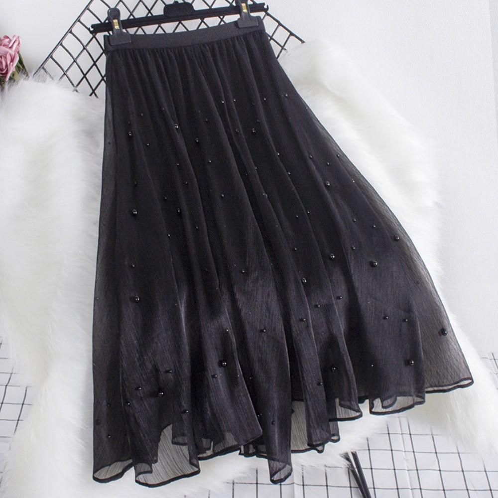 Qooth Women A Line Bead Chiffon Skirt Wide Hem Mid Length Elastic Waist Slim Casual Skirt QT2650