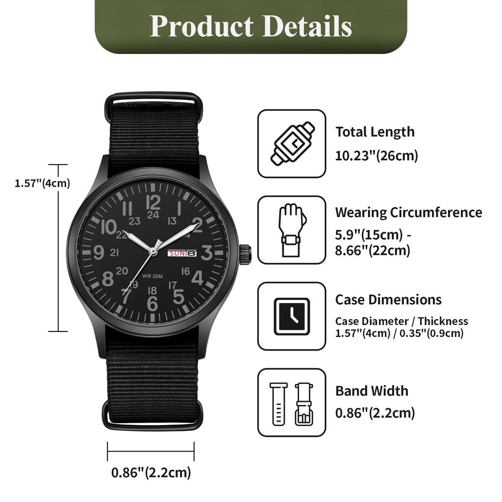 Outdoor Military Watch Analog Display Nylon Quartz Watch with Luminous Day of the Large Green Boyfriend Gift Men's Strap Calendar, Index, Date, Week,