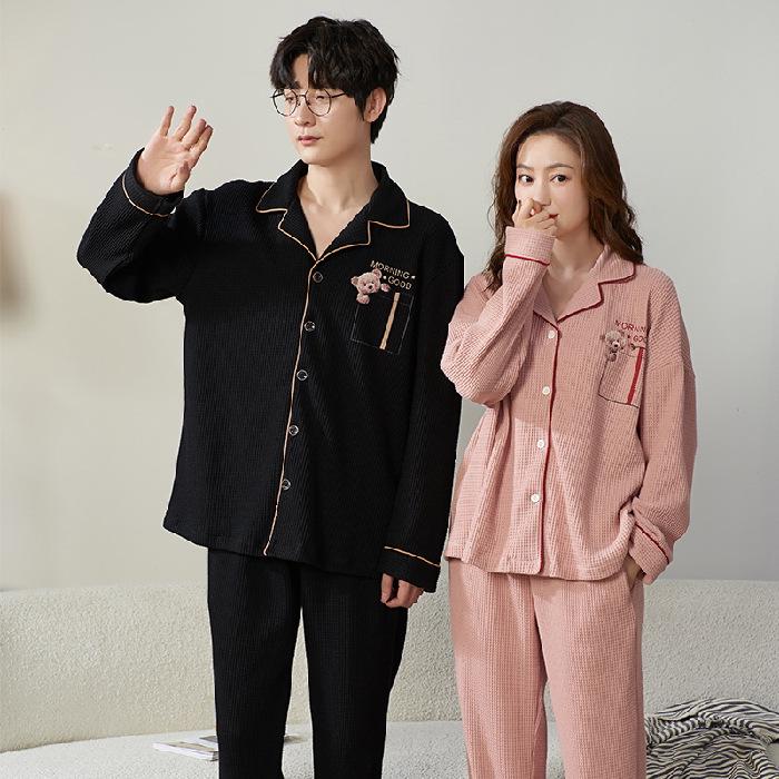 Cute Couple Pajamas: Women's Spring & Autumn Waffle Long Sleeves and Men's Casual Large Size Homewear
