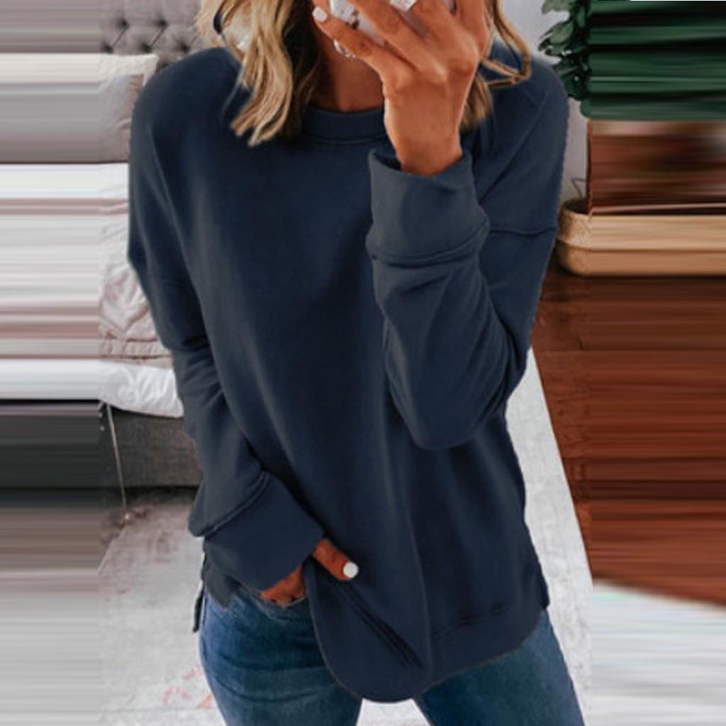 Woman's  Casual Fashion Long Sleeve Solid Color Round Collar Hoodie Tops