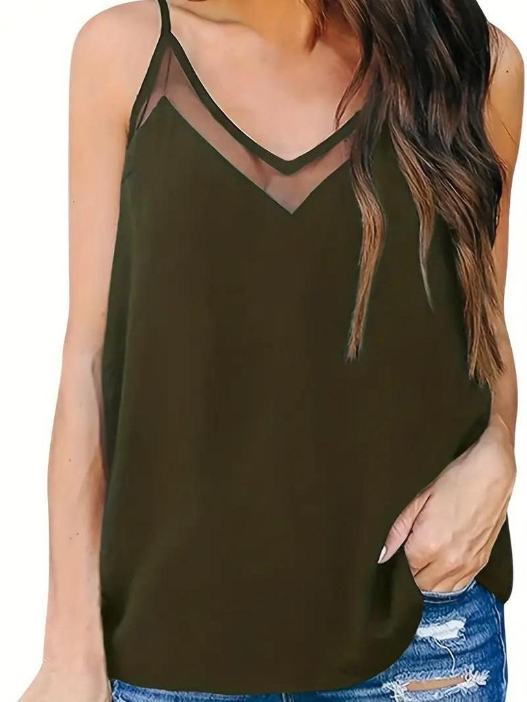 2026 Spring/Summer Women's Solid Color Mesh V-Neck Camisole - European & American Fashion
