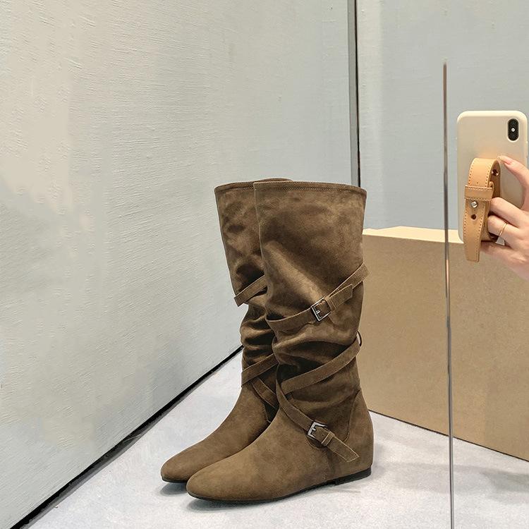 Новые ботфорты с внутренней высотой 5 см, корейский модный дизайн с пряжками, ботильоны на среднем каблуке, тонкие сапоги
