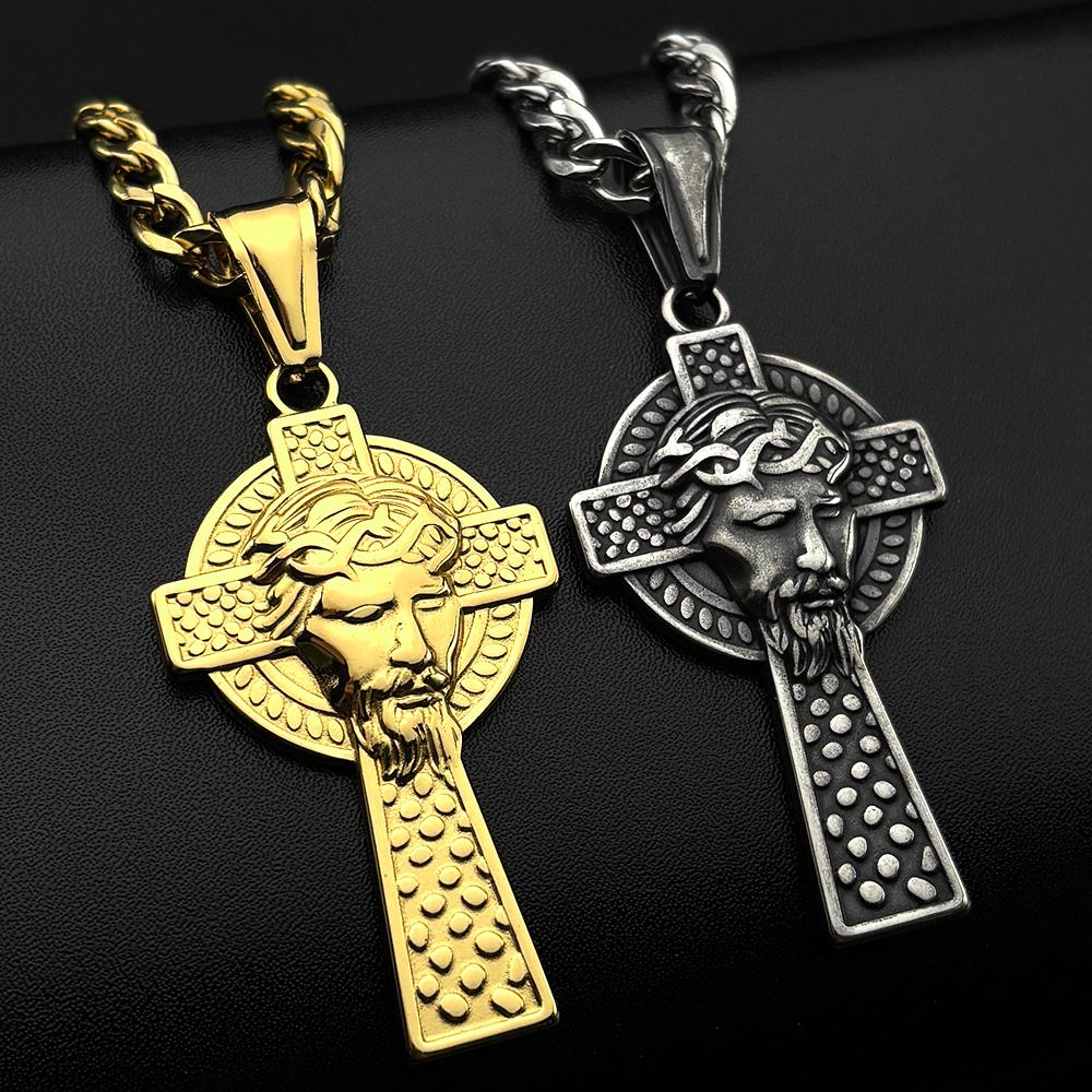 Christian Jesus Crown of Thorns Cross Necklace Stainless Steel Gold Color Hip Hop Chain Crucifix Medal Neckalces Jewelry Gift
