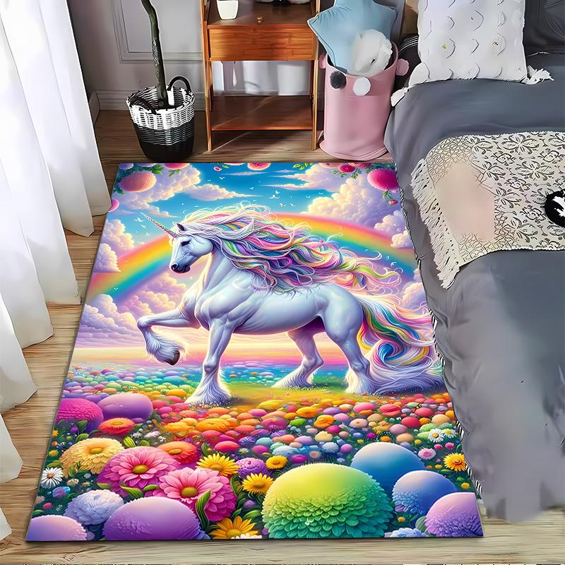 Magical Unicorn Carpet with Rainbow and Colorful Floral Design Suitable for use as an anti-slip for living room bedroom sofas