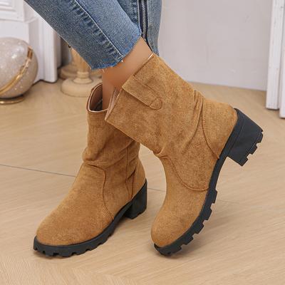 Мода 2024 Новые Модные Зимние Ботинки Средней Высоты с Круглым Носком, Сборками и Простым Дизайном, Большие, Повседневные, Замшевые, Женские, Размеры 36-43