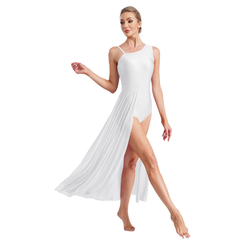 Womens Lyrical Dance Dress Glittery Rhinestones Asymmetrical Shoulder Sleeveless Split Sheer Mesh Performance Gown