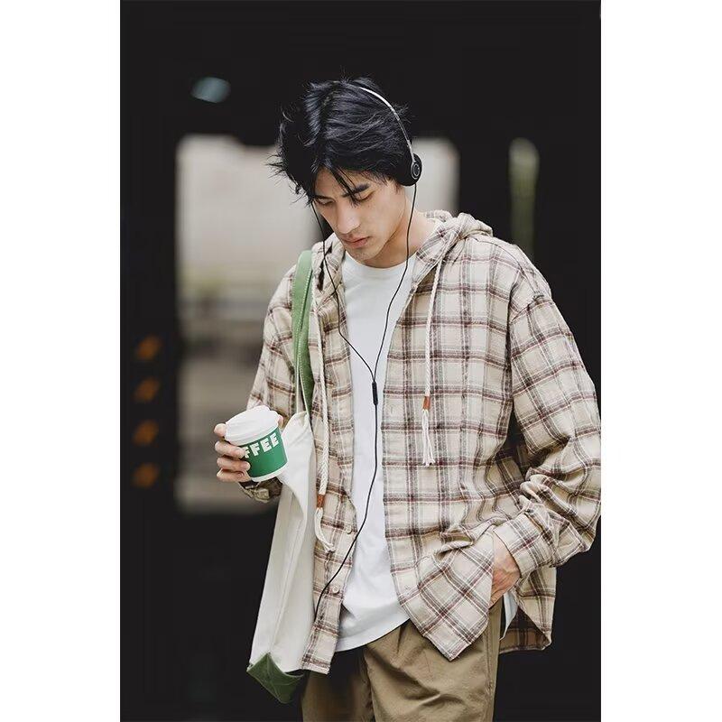 Рубашка в стиле ретро в японском стиле для осени, мужская коричневая, клетчатая одежда для мальчиков, подростковая рубашка с капюшоном и длинным рукавом