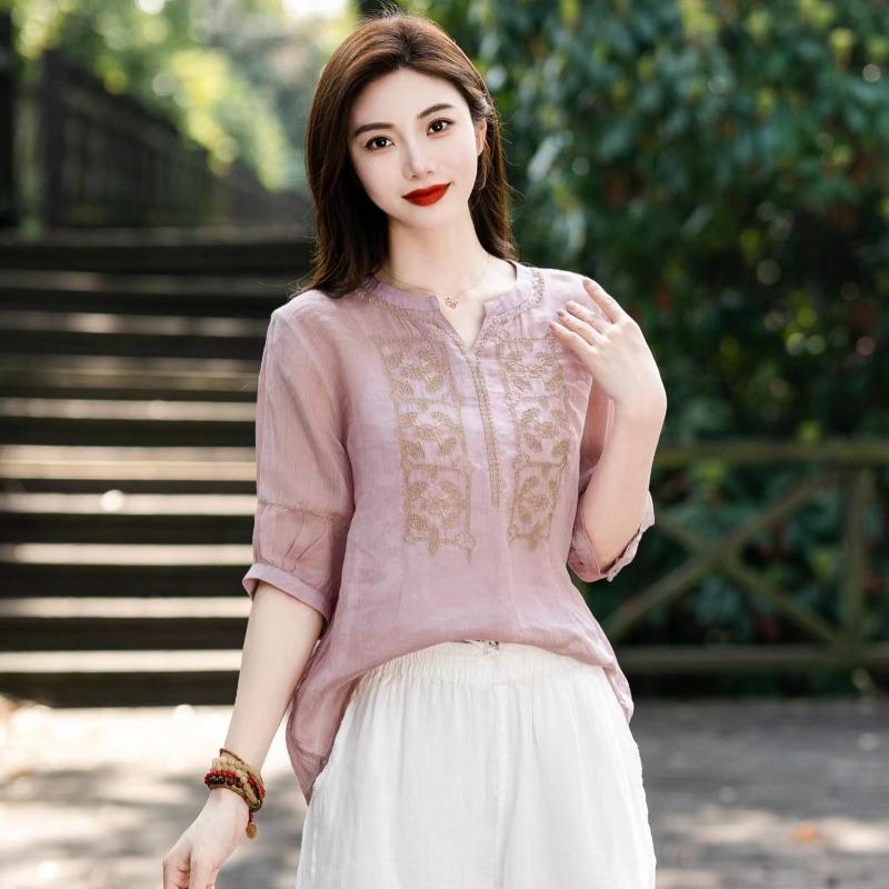 Художественная тяжелая промышленность вышивка V-образный вырез вышитая однотонная рубашка из хлопка и пеньки солнцезащитная маленькая рубашка летний образ тонкие рубашки с пятью рукавами