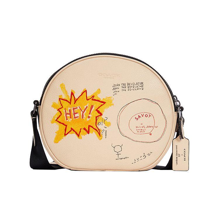 Coach Коллаборация с Basquiat 22 Сумка-фляга с принтом граффити Круглая кожаная ручная сумка через плечо Маленькие женские сумки Цвет: вне белого C5451-QBT04