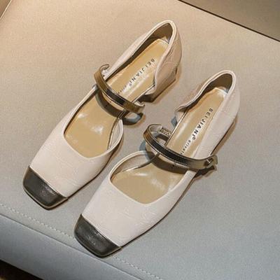 Женские туфли на толстом каблуке Весна Новые с квадратным носком С мелким вырезом С ремешком-пряжкой А Водонепроницаемые Нескользящие Низкие туфли