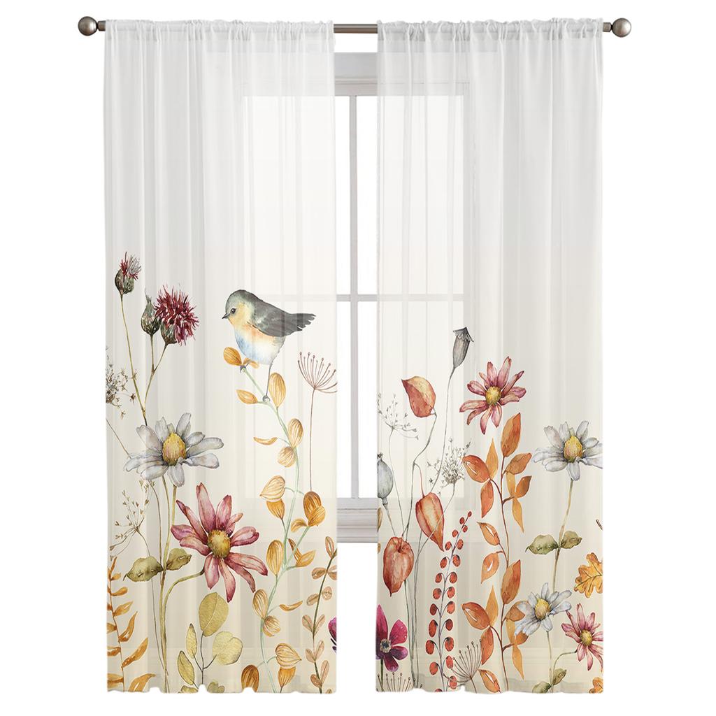 Осенние растения полевые цветы маргаритки птицы тюль занавески на окна прозрачные балдахины занавески для гостиной украшения дома драпировка панель