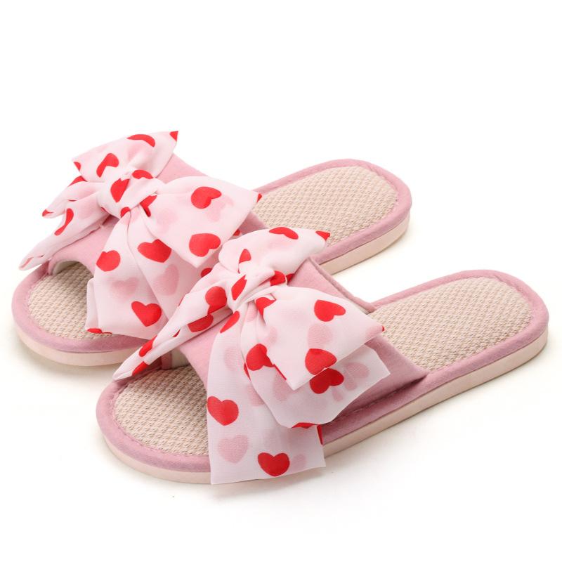 Elegant Home Linen Slippers Breathable Sandal Slippers Female Summer Indoor Fabric Slippers Love Bow Comfortable Slippers Home Shoes Slippers Pink
