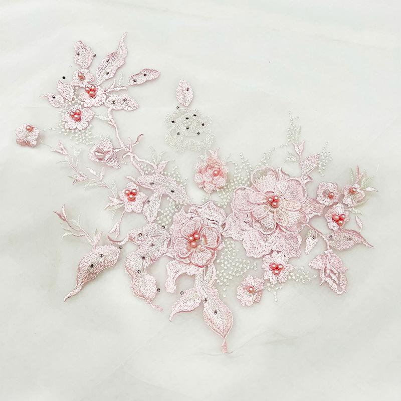 3D Flower Beaded Lace Fabric Applique Embroidery Sewing On Patches For Wedding Evening Dress Clothing Patch Sewing Accessories