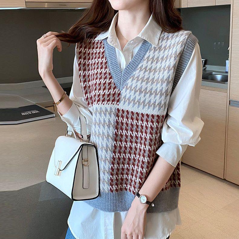 Женский пуловер, новинка 2022 года, свитер с v-образным вырезом, женский осенний свободный жилет, корейский жилет без рукавов контрастного цвета, женский жилет