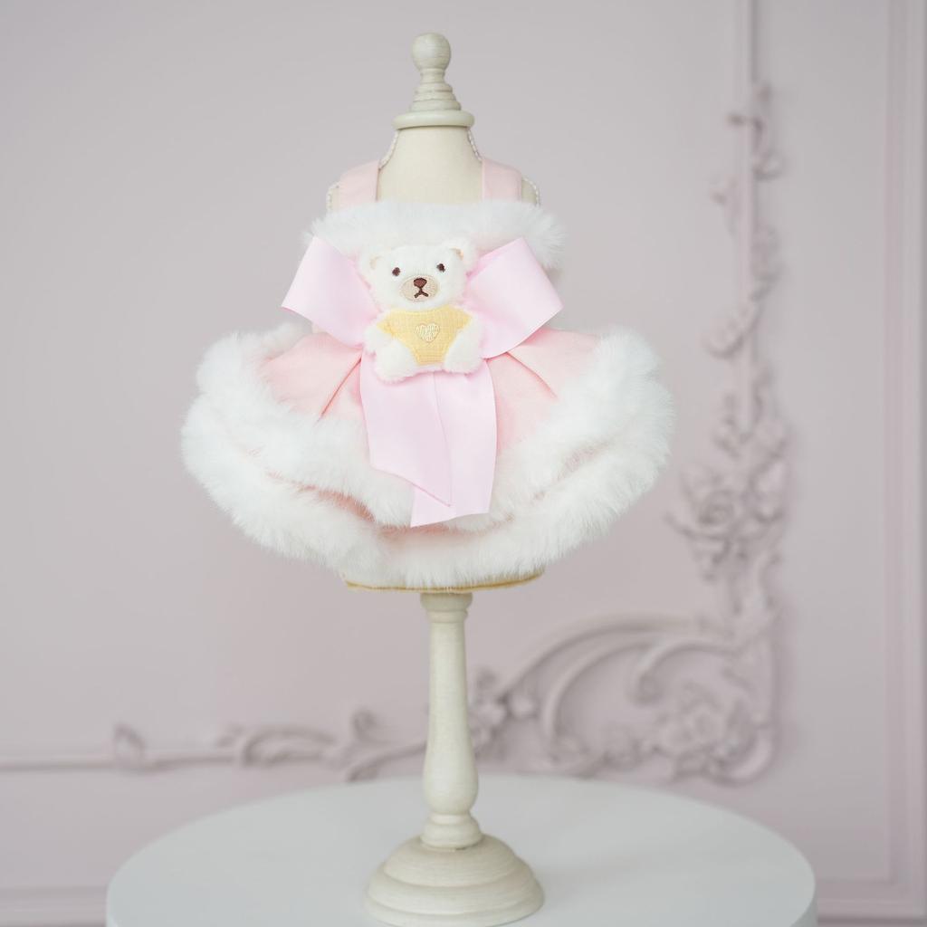 Осенне-зимнее плюшевое кружевное платье на бретельках для домашних животных, милое пальто с медведем, шерстяная юбка с медведем на бретельках, одежда для маленьких собак в виде плюшевого мишки