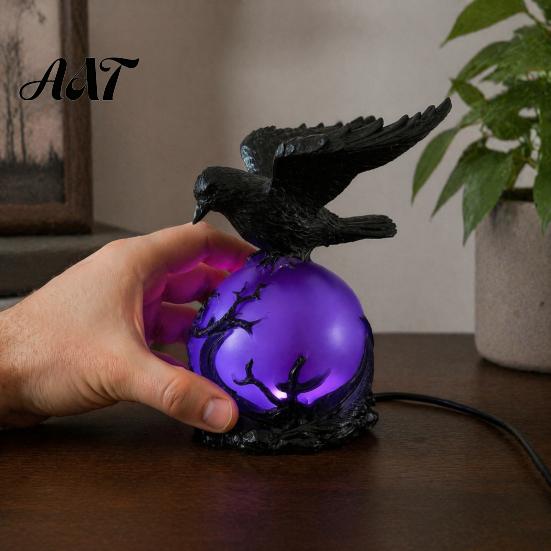 Hand Painted Sculpture Gothic Raven LED Ball Lamp, Mysterious Crow on Orb Sculpture, Whimsical Room Lighting Halloween Decorative Table Lamp