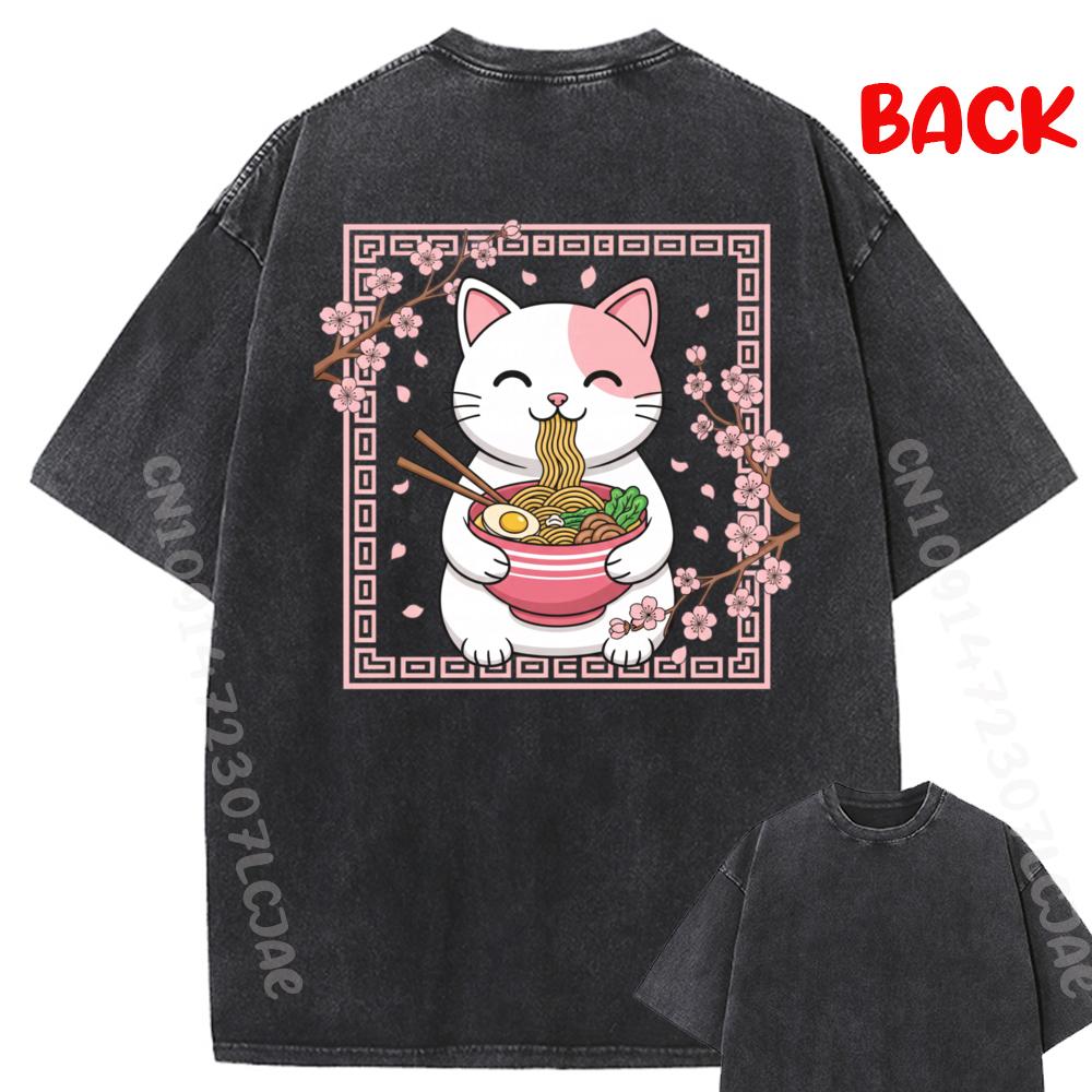 Cat Ramen Kawaii Japanese Cat Cherry Blossom Cute Cat Lover Graphic Tees Oversized T Shirt Men Happy New Years