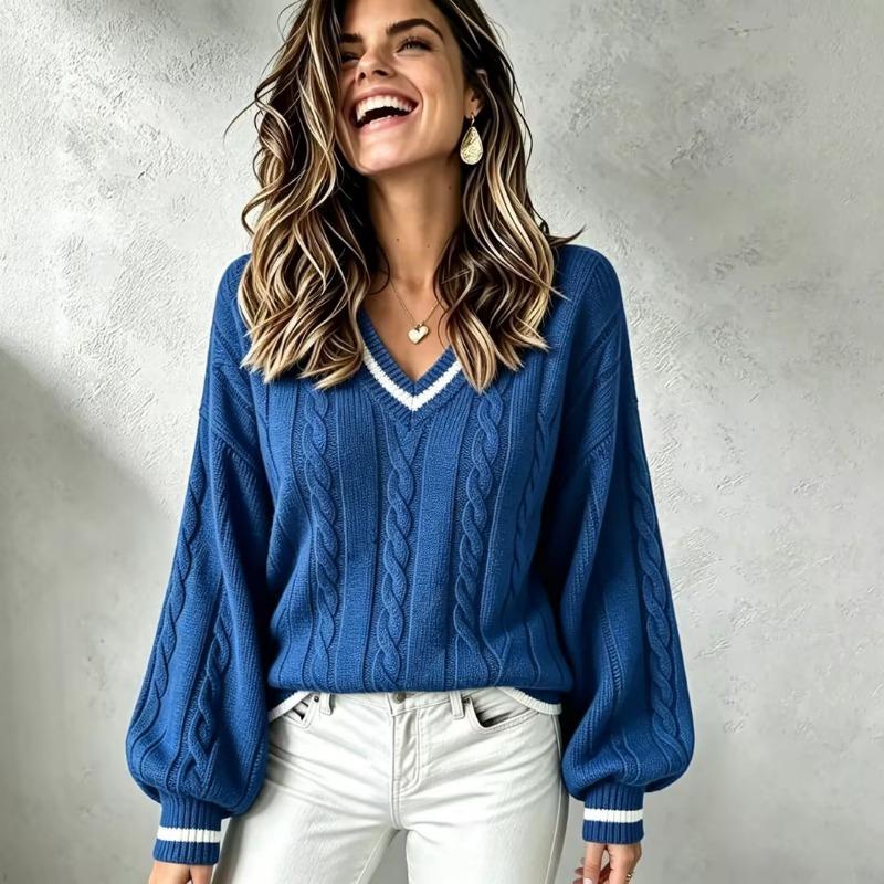 Women Loose V Neck Color Block Cable Knit Long Sleeve Fashion Sweater Top