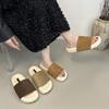 Flat-bottomed Cotton Slippers for Women To Wear Autumn and Winter New Retro One-word Open-toed Fluffy Slippers