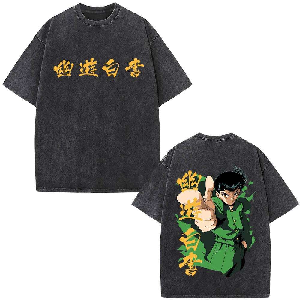 Аниме YuYu Hakusho Винтажная стираная футболка Мужская Женская Одежда Мультяшная Оверсайз Футболка Мужская Хип-Хоп Ретро Футболки Уличная одежда