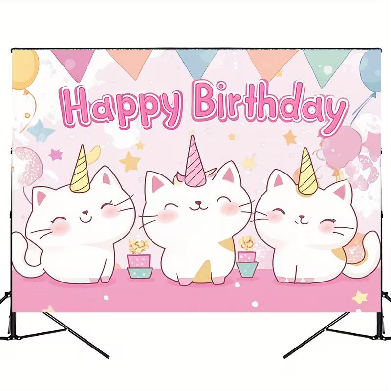 2D Flat Caticorn Happy Birthday Backdrop for Home Party & Photo Booth