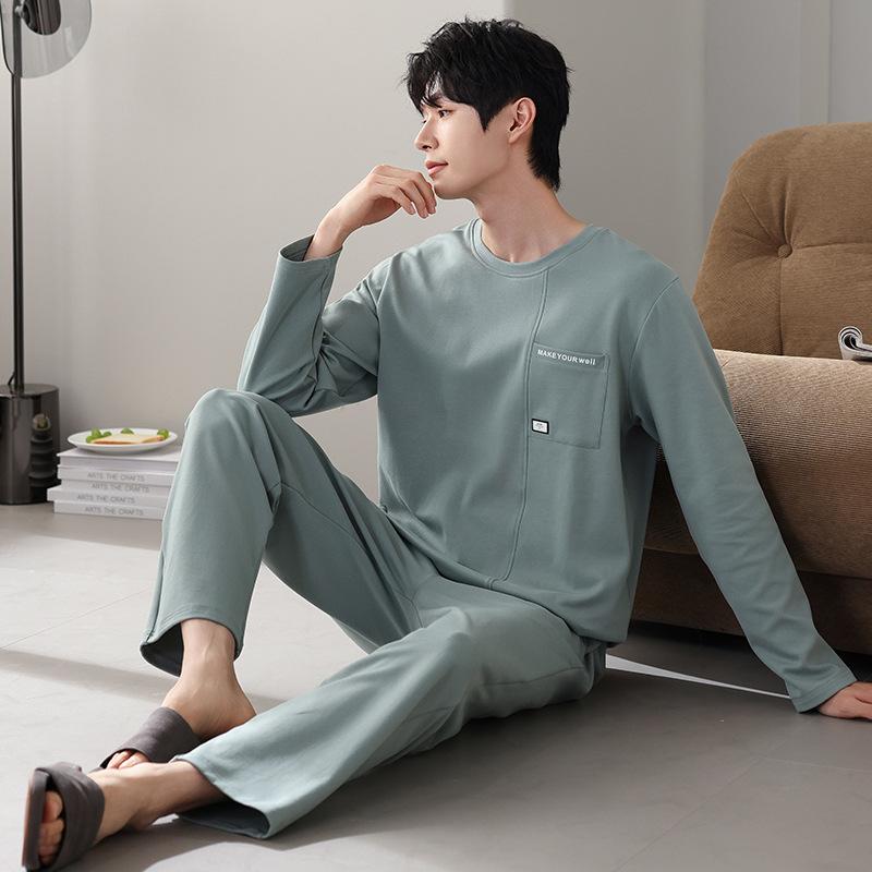 Pajamas Men'S Pure Cotton Long-Sleeved Spring And Autumn Casual Pullover High-End Simple Loungewear Large-Size Set