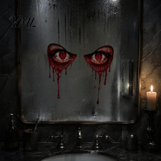 Horror Theme Glass Decals Demon Eyes Window Sticker, Dripping Blood Red Wall Decal, Realistic Static PVC Film Creepy Devil Cling Decal for Halloween