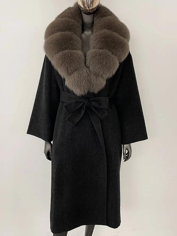 OFTBUY Натуральная шуба 2024 года, женская верхняя одежда больших размеров, зимняя женская куртка с воротником из натурального меха лисы и капюшоном, пальто из кашемировой шерсти