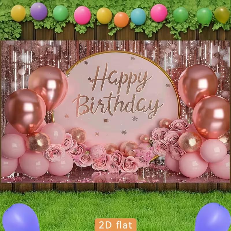 2D Pink Rose Gold Birthday Backdrop, Glitter Balloon & Floral Party Photography Background