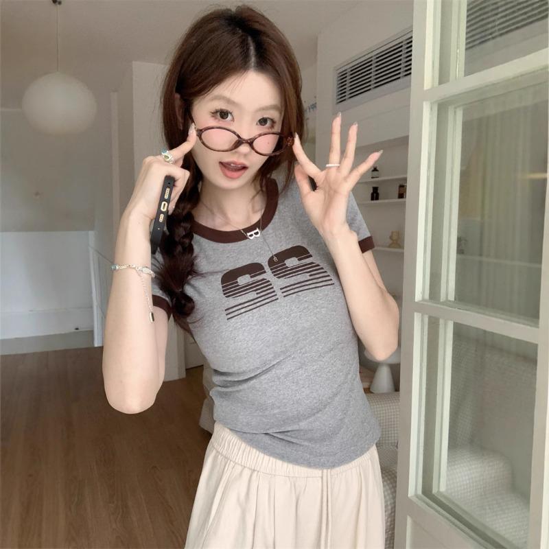 Женская персонализированная футболка с короткими рукавами и принтом в виде американских букв, летний короткий облегающий топ для студентов