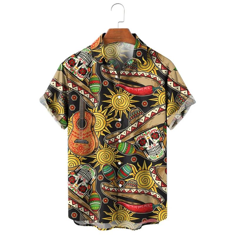 Punk Straw Hat Skull Graphic Shirts For Men Clothing Casual Hawaiian Vacation Short Sleeve Fashion Men's and Women's Beach Shirts Y2k Tops