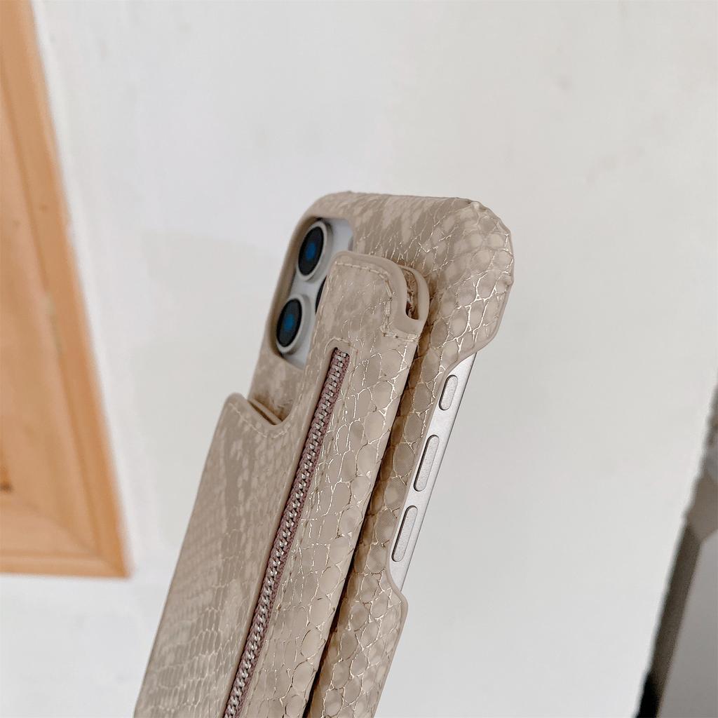 For iPhone 16 Pro Max Case Zipper Card Holder Mirror Snake Texture PU+PC Back Cover with Lanyard