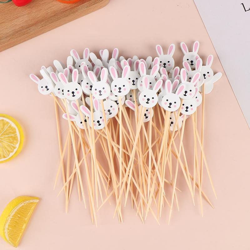 100Pcs Easter Disposable Bamboo Skewers Rabbit Eggs Food Picks Fruit Fork Sandwich Buffet Stick Easter Decoration 2024 Birthday