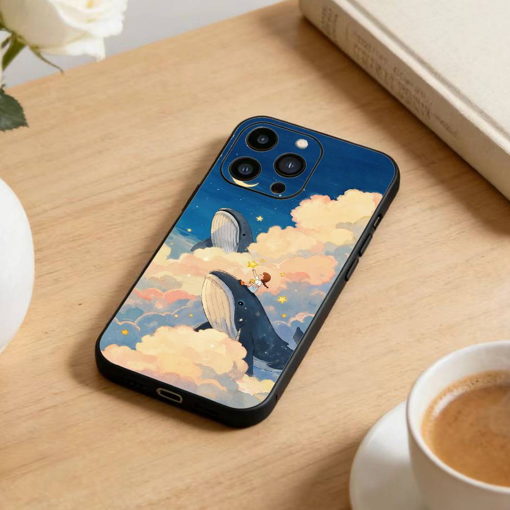 Чехол для телефона с принтом 'Падение кита' для iPhone 17 16 15 14 13 12 Max Plus Силиконовый черный чехол