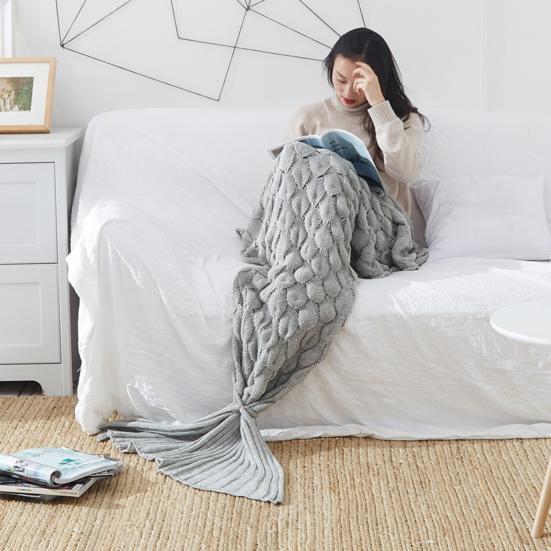 Одеяло с хвостом русалки, вязаное, с текстурой чешуи, эластичное, плотное, сохраняющее тепло, спальный мешок