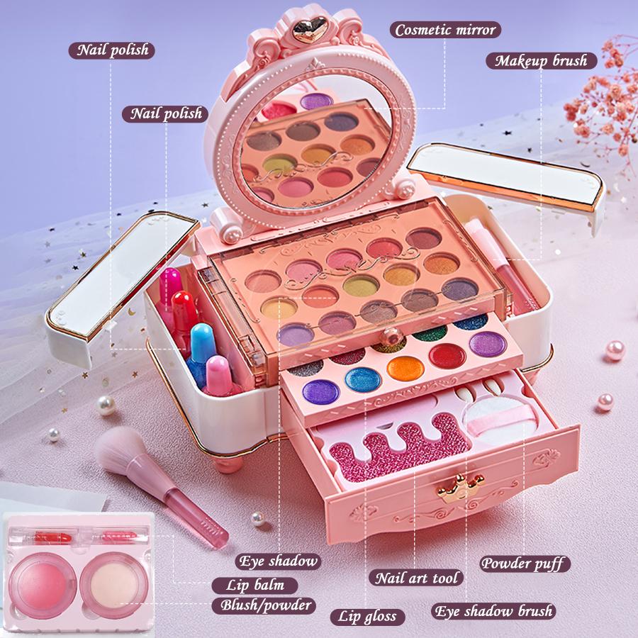 49 Pcs Dresser Kids Makeup Kit for Girls, Dressing Table Princess Real Washable Pretend Play Cosmetic Set Toys with Mirror, Non-