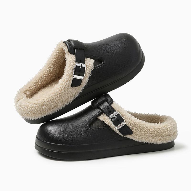 Модные зимние теплые меховые клоги-тапочки для женщин, водонепроницаемые нескользящие домашние тапочки из ЭВА, женская обувь для дома и улицы, толстые плюшевые хлопковые туфли