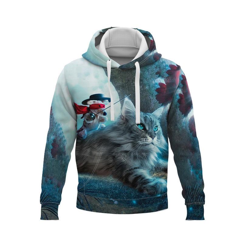Men's and Women's Christmas Cat Hooded Sweatshirts, Fashionable Clothing, Fun Children's Animal Print Outerwear, Harajuku Large