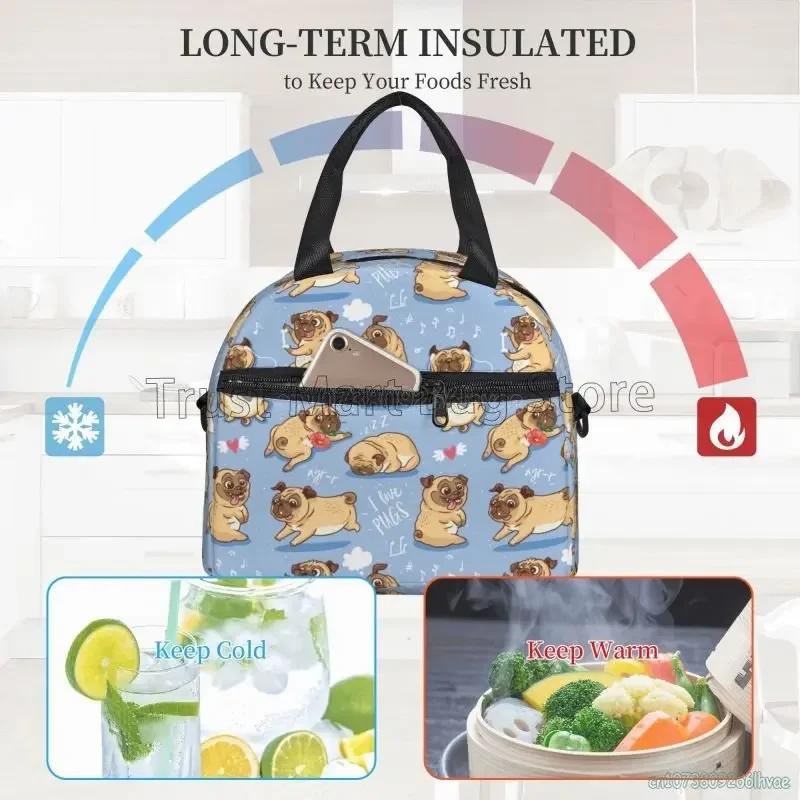 Cute Pug Dog Insulated Lunch Bag for Women Kids Thermal Lunch Box Portable Cooler Tote Bags for School Work Picnic Beach Travel