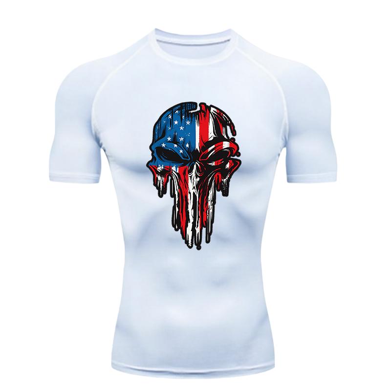 American Flag Skull Men's Sports T-shirt Training Fitness Quick Dry Short Sleeve Jogging Running Workout Compression Shirt
