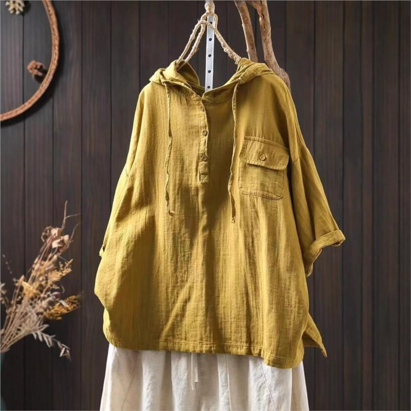 Johnature Women Casual Hooded T-Shirts Solid Color Short Sleeve Summer Pockets Soft Button Female T-Shirts