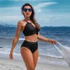 CHARMLEAKS Женский повседневный укороченный комплект бикини из двух частей, сплошной цветной купальник, купальный костюм