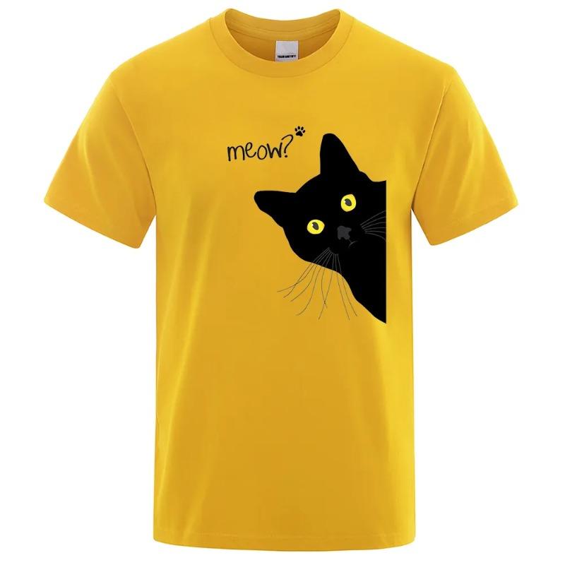 Meow Black Cat Funny Printing Men T-Shirts Breathable Tee Clothes Summer Streetwear Tops Oversized Loose Cotton Short Sleeve T-Shirts Men’s