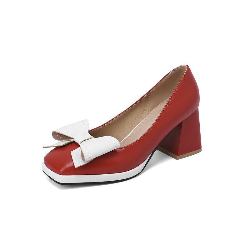 Модные милые туфли-лодочки на каблуке с бантом для женщин, большого размера, повседневные, элегантные, синие, красные, на среднем блочном каблуке, для офиса, вечеринки, свадьбы