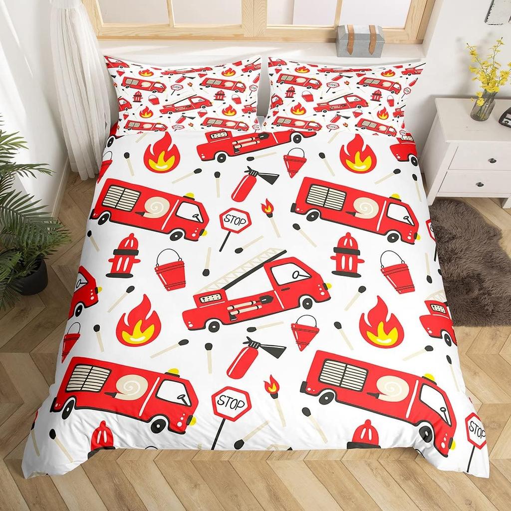 Fire Truck Duvet Cover Twin Queen Size,Kids Cute Car Road Traffic Print Comforter Cover Cartoon City Map Firefighter Bedding Set