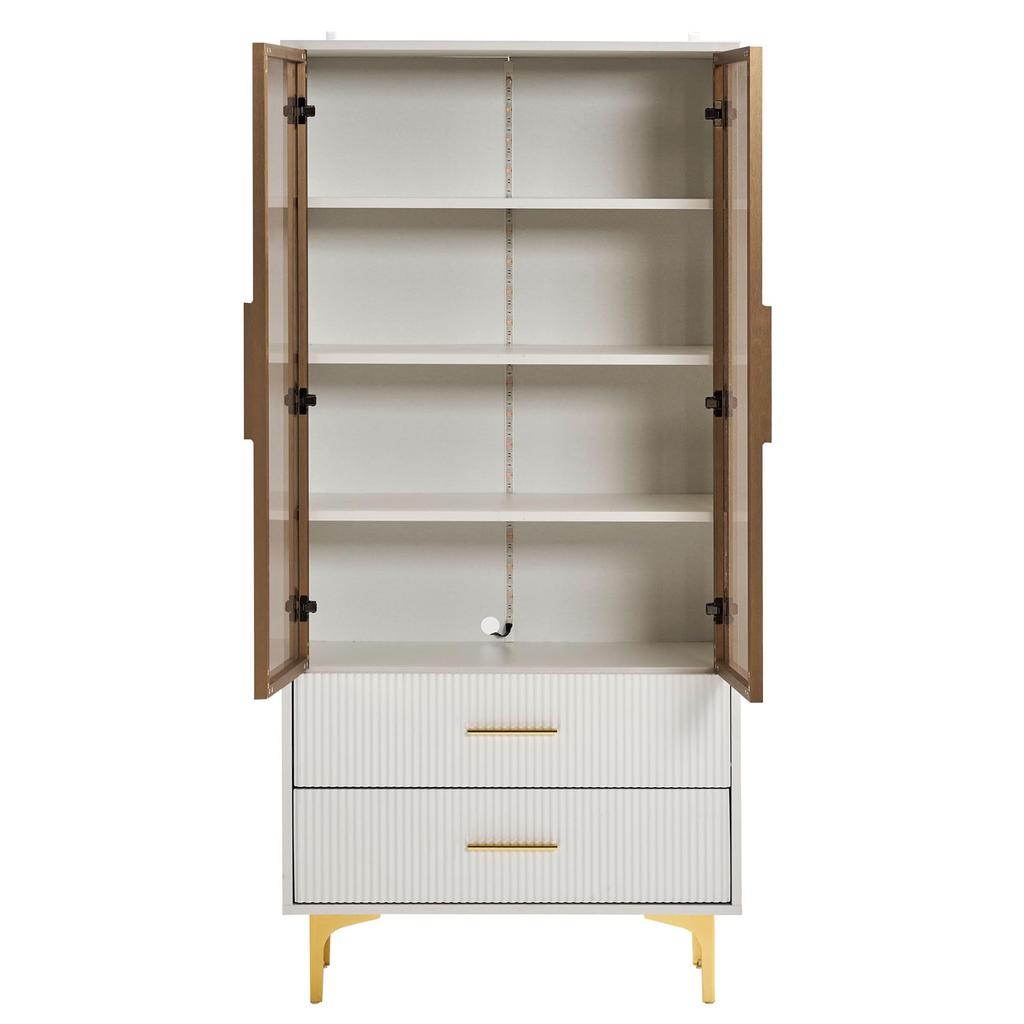 Glasvitrine LED-Lichtern, Weiß 2 Türen & 2 Schublade, Modern Bücherschrank verstellbaren Einlegeböden, Metallbeine, Wohnzimmer Büro Esszimmer